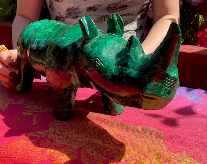 Malachite Rhinoceros Large 13 Lb. 12 oz. ~ 15" Long ~ Vintage Hand Carved & Polished in Congo ~ Animal Totem, Altar, Reiki Display