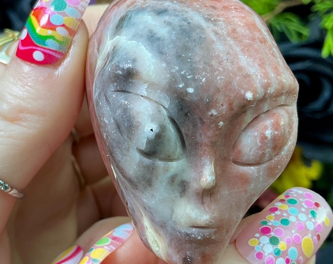 Jasper Alien Mini Crystal Skull ~ Large 5 oz. ~ 2" Tall ~ Peach Black and White Patterns ~ One-of-a-Kind Sculpture