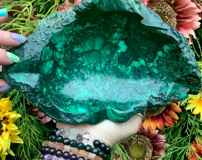 Malachite Crystal Bowl ~ Large 7 Lb. ~ 8" Long ~ Beautiful Hand Carved Mineral Specimen ~ Swirling Bullseye Patterns ~ Fast & Free Shipping