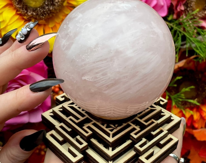 Rose Quartz Crystal Ball ~ Large 1 lb. 10 oz. ~ 3" Wide ~ w/ Sacred Geometry Decorative Display Stand ~ Fast & Free Shipping USA + Global ~