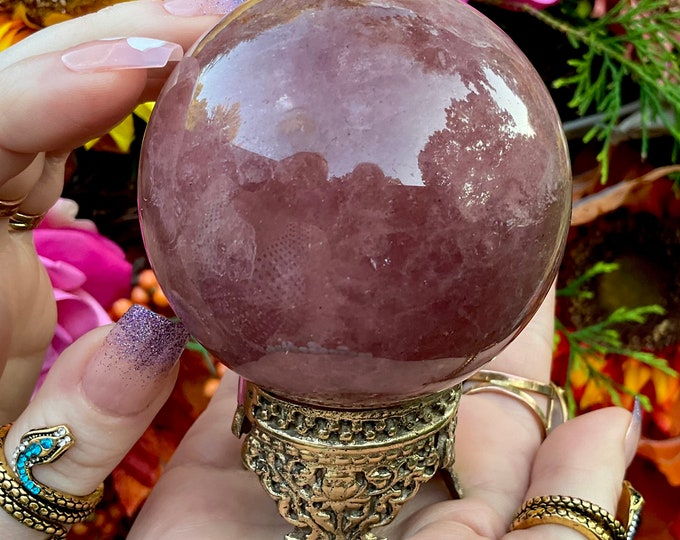 Red Strawberry Quartz Crystal Ball ~ w/ Ornate Decorative Display Stand ~ Large 1 Lb. 3 oz. ~ 2 1/2" Wide ~ Fast & Free Shipping, USA ~