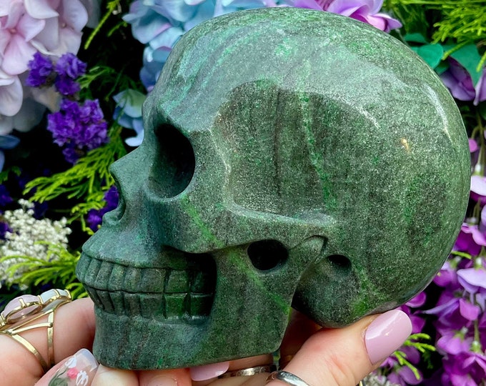 Tsavorite Green Garnet Crystal Skull ~ Large 2 Lb 15 oz ~ 5" Long ~ Sparkling Green & Black Inclusions~ Expertly Hand Carved ~ Fast Shipping