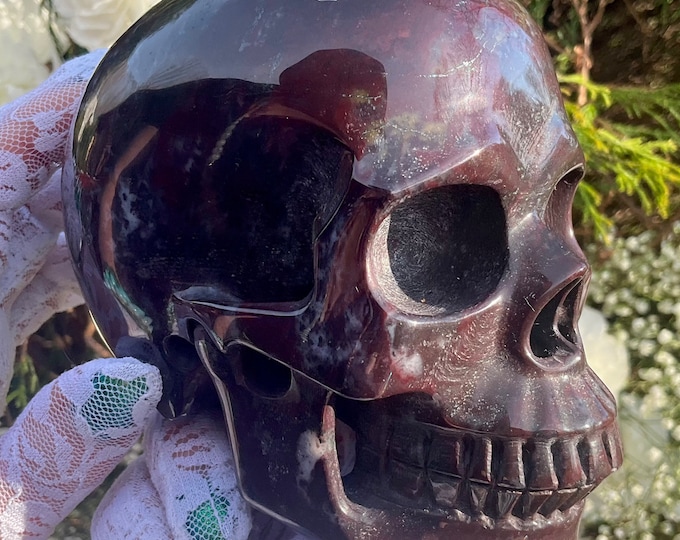 Hand Carved Red Garnet & Hematite Crystal Skull: 2 Lb, 5" Long