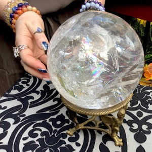 Quartz Crystal Ball 14 Lb. 5 oz. Ultra-Clear Sparkling Polished Sphere ~ 6 1/2" Wide ~ Meditation Display with an Antique Brass Ball Stand