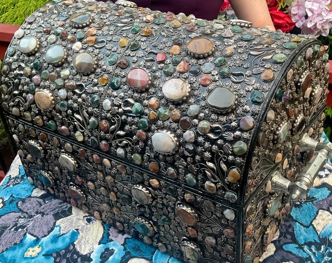 Massive Gemstone Jewelry Box Treasure Chest ~ Moorish Dome Top w/ Semi Precious Stones ~ Moroccan ~ 18" Long ~ Fast & Free Shipping, U.S.A ~