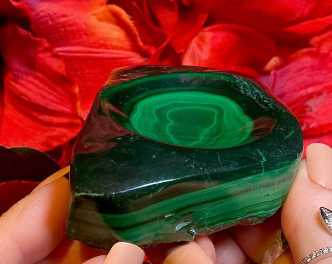 Malachite Vintage Crystal Bowl ~ 4" Long ~ 10 oz. ~ Swirling Bulls Eye Patterns
