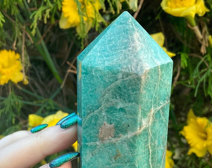 Amazonite Crystal Generator: Reiki Altar Display, Blue Green Gemstone Pillar