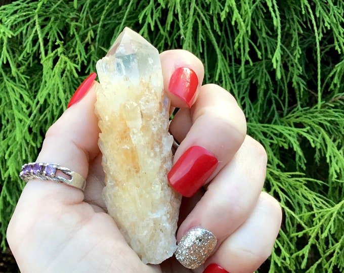 Elestial Quartz Crystal Cluster Large 1.9 oz. Wand ~ 3" Long ~ Natural Tibetan Golden Healer ~ Sparkling Golden Crystal Cascading Points