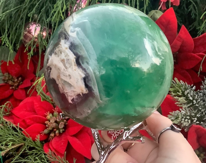 Green Fluorite Crystal Ball with Beautiful Silver Branch Display Stand ~ Large 2 Lb. 11 oz. ~ 3 1/2" Wide ~ Fast Shipping ~ Gift Wrapping