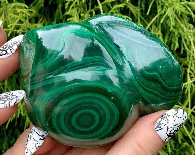 Malachite Large 15.9 oz. Stone ~ 3" Long - Big Beautiful Polished Green African Mineral Specimen Reiki Display ~ Swirling Bullseye Patterns