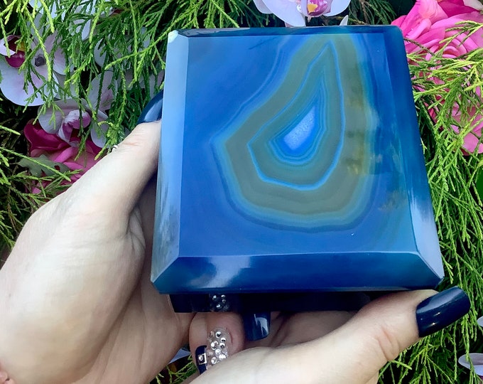 Blue Agate Jewelry Box with Lid ~ 4 1/2" Long ~ Vintage Hand Carved Display Charging Box ~ Swirling Transparent Blue Red & White Patterns