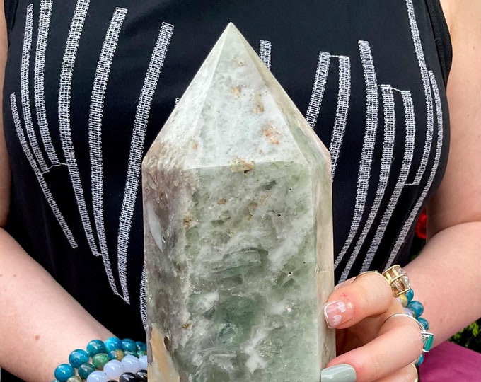 Lavender Fluorite Crystal Generator ~ Large 7 lb. 3 oz ~ 11" Tall Tower ~ Purple & White Swirling Pastel Colors ~ Free Standing Pillar ~