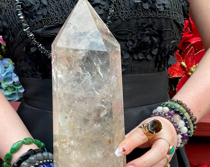 Clear Quartz Crystal Generator ~ Large 7 lb. 11 oz. ~ 12" Tall ~ White Clouds, Sparkling Rainbows, Golden Healer Inclusions ~ Free Shipping