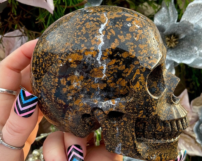 Gold Snakeskin Jasper Crystal Skull ~ Large 2 Lb. 12 oz. ~ 5" Long High Quality ~ Hand-Carved Sculpture ~ Vivid Colors ~ Fast Free Shipping
