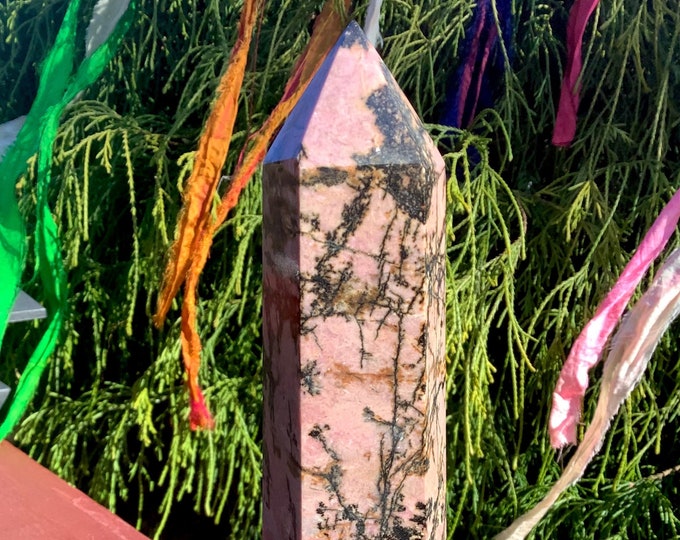 Rhodonite Crystal Generator ~ Large 1 Lb. 10 oz. ~ 7 1/2" Tall Tower ~ Black, Whites and Pink Colors ~ Fast & Free Shipping + Gift Wrapping