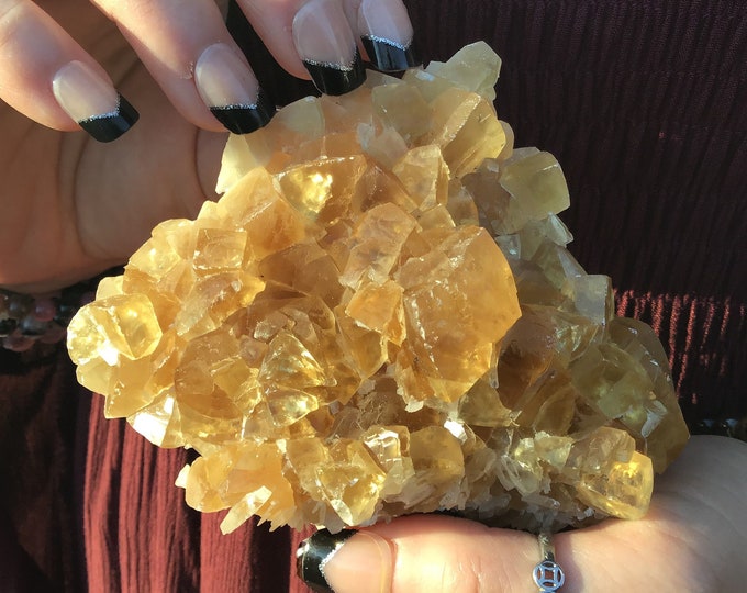Yellow Calcite Clear Crystal 8.3 oz. Cluster ~ 4" Long ~ Deep Golden Translucent Crystals ~ Sacred Geometry Cubic Formation ~ Gem Quality