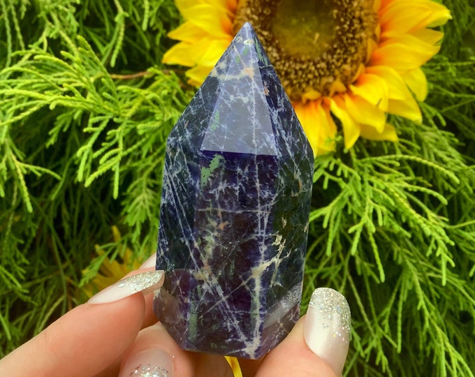 Sodalite Crystal Generator ~ 3 oz. ~ 3" Tall ~ Swirling Blue and White Colors ~ Free Standing Sparkling Tower ~ Fast & Free Shipping, U.S.A.
