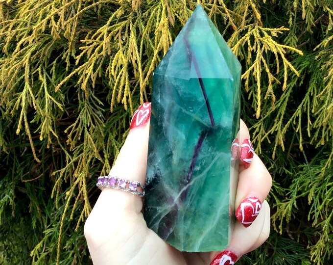 Green Fluorite Crystal Generator ~ Large 10 oz. ~ 4" Tall Tower ~ Blue Rainbow Inclusions Metallic Flashes ~ Fast & Free Shipping
