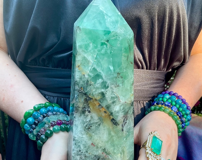 Green Fluorite Crystal Generator ~ Large 7 Lb. ~ 11" Tall ~ Rainbow Colors ~ Black Phantoms, Red, Silver Inclusions ~ Fast & Free Shipping ~