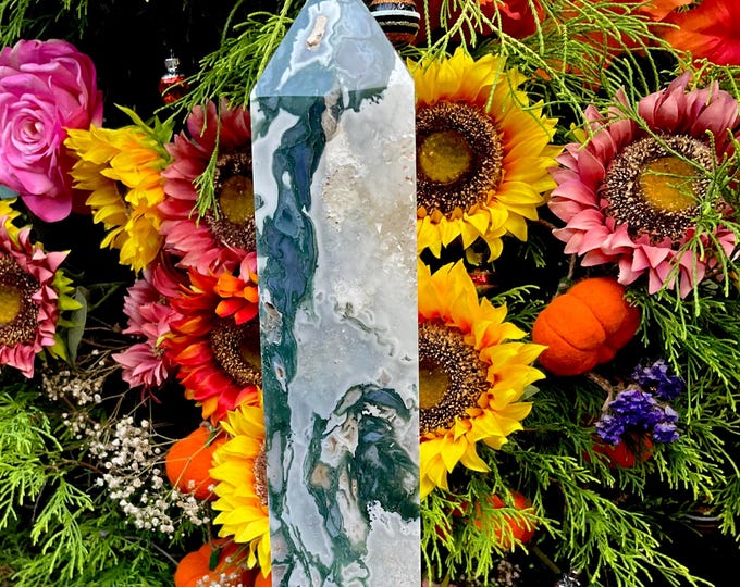 Moss Agate Crystal Generator ~ 4 lb. 6 oz. ~ 13" Tall ~ Vibrant Electric Green Patterns Vivid Sparkling Colors ~ Fast & Free Shipping, USA