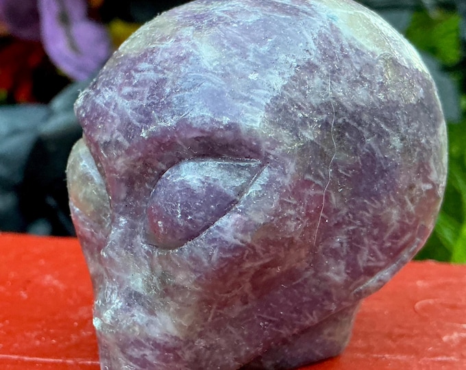 Lepidolite Alien Crystal Mini Skull ~ 6 oz. ~ 2" Long ~ Purple & Sparkling Silver Mica Gemstone ~ Hand-Carved Sculpture