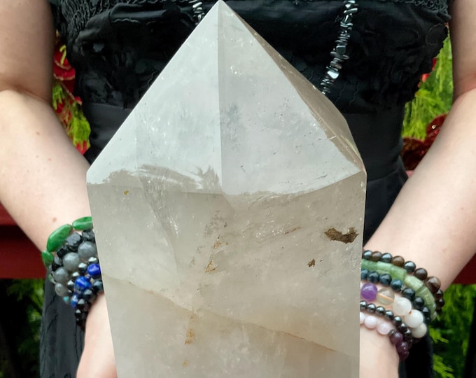 Large Clear Quartz Crystal Generator: Golden Healer Inclusions, 10" Tower