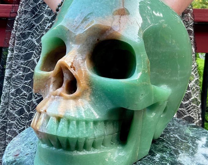 Green Aventurine Crystal Skull ~ Large 23 Lb. 5 oz. ~ 10" Long Hand Carved ~ Sparkling Green & Gold Quartz Colors ~ Free Standing Sculpture