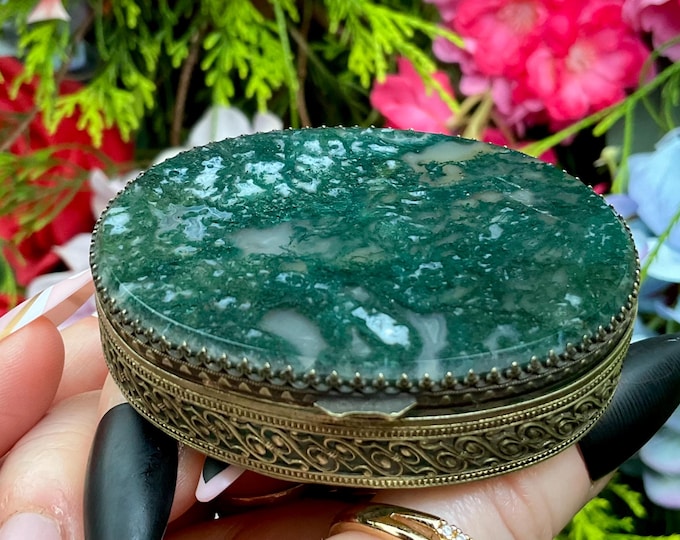 Moss Agate 19th Century Gilt Metal Double Sided Snuff/Pill Box ~ 2 1/2" Long ~ Dark Green Colors with Dendritic Inclusion Patterns