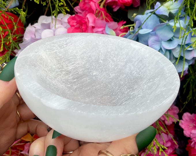 Selenite Crystal Jewelry Dish ~ Large 1 Lb. 5 oz. - 5" Round ~ Beautiful Polished Transparent White Mineral ~ Swirling Pearlescent Patterns