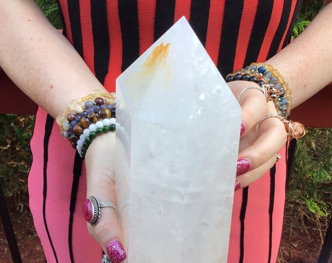 Clear Quartz Crystal Generator ~ Large 5 lb. 4 oz. Tower ~ 8" Tall ~ Golden Healer Sparkling Inclusions ~ Big Crystal ~