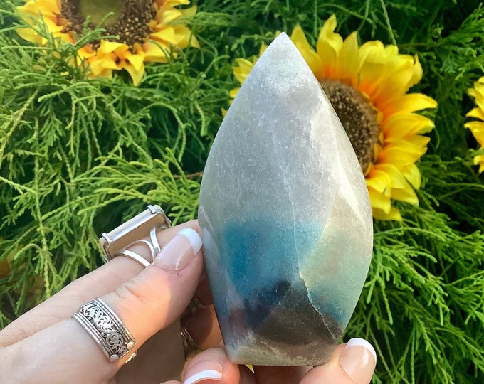 Trolleite Crystal Flame ~ 10 oz. ~ 4" Tall ~ Scorzalite, Lazulite, Quartz ~ Swirling Blue & Sand Colors ~ Fast Free Shipping ~ TARIFF FREE