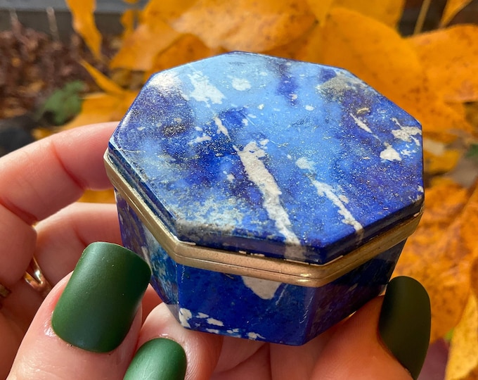 Lapis Lazuli Jewelry Box with Lid~ 2 1/2" Long ~ Handmade from Afghanistan ~ Vintage Antique Octagon Display ~Swirling Blue with Gold Pyrite