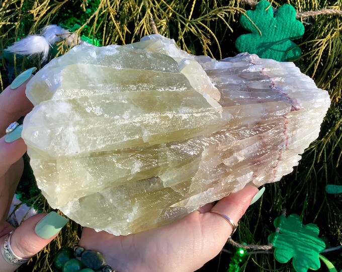 Green Calcite Crystal Cluster ~ Large 7 Lb. ~ 8" Tall ~ Rainbow Green White & Honey Colors ~ Reiki, Feng Shui, Altar Display ~ Free shipping