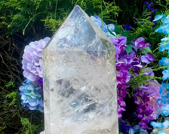 Clear Quartz Crystal Generator ~ Large 15 lb. 2 oz. ~ 15" Tall Tower ~ White Swirling Inclusions ~ Free & Fast Shipping