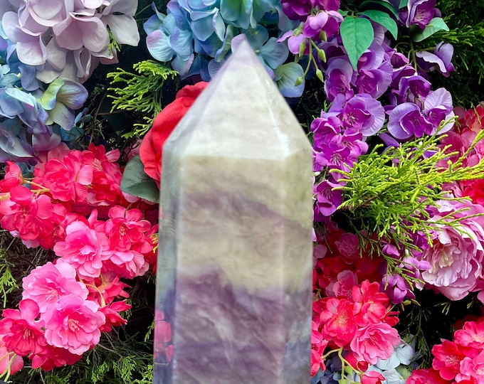Lavender Fluorite Crystal Generator ~ Large 4 Lb. ~ 9" Tall Tower ~ with Green Phantoms, Swirling White, Purple Colors ~ Fast Shipping