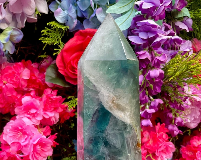 Blue Fluorite Crystal Generator ~ Large 3 Lb. ~ 8" Tall Tower ~ Sparkling Fairy Caves ~ Beautiful Rainbow Colors ~ Free Shipping