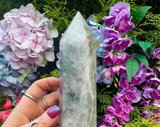 Lavender Fluorite Crystal Generator ~ Large 2 lb. 15 oz. ~ 9" Tall Tower ~ Free-Standing Pillar ~ Purple & White Swirling Inclusions
