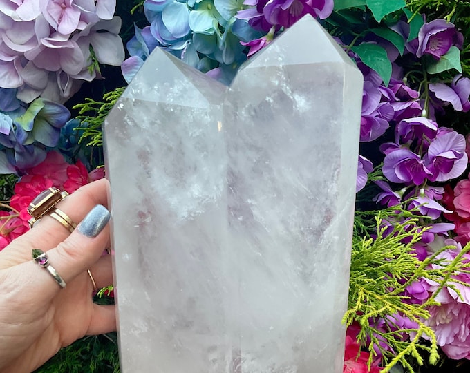 Clear Quartz Twin Flame Crystal Generator ~ Large 6 lb. 13 oz. ~ 8 1/2" Tall ~ White Cloud Inclusions ~ Double Points ~ Fast Free Shipping