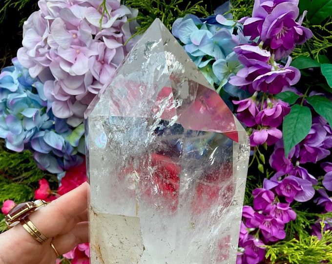 Clear Quartz Crystal Generator ~ Large 6 lb. 13 oz. ~ 9" Tall ~ Sparkling Rainbow Inclusions ~ Free Standing Tower ~ Fast & Free Shipping ~