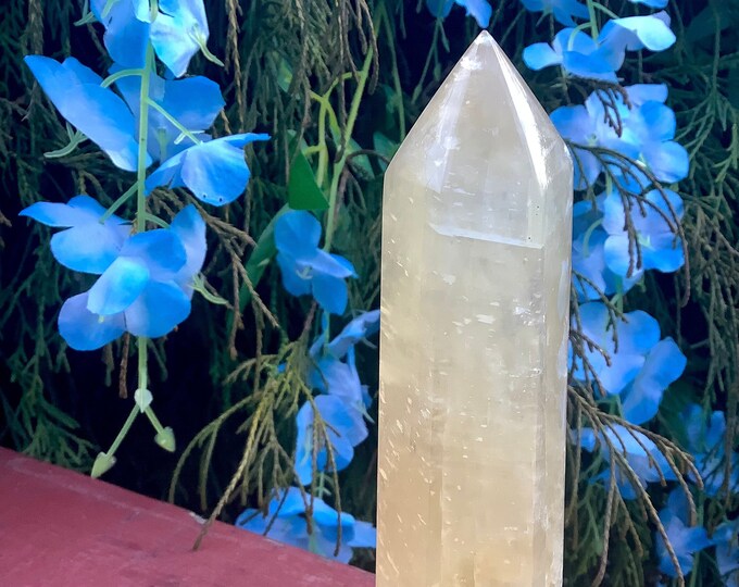 Yellow Calcite Crystal Generator ~ 14 oz. ~ 6" Tall Tower ~ Sparkling Golden Honey & Silver Inclusions ~ Reiki Altar Display ~ Fast Shipping