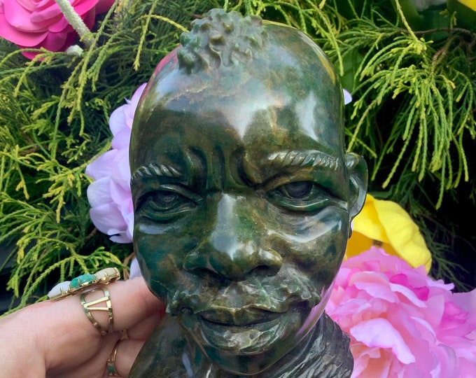 Verdite Warrior Shona Stone Bust ~ Big 3 Lb. 6 oz. ~ 6" Tall ~ Hand Carved in Zimbabwe ~ Museum Quality ~ Gorgeous Green Mineral Specimen