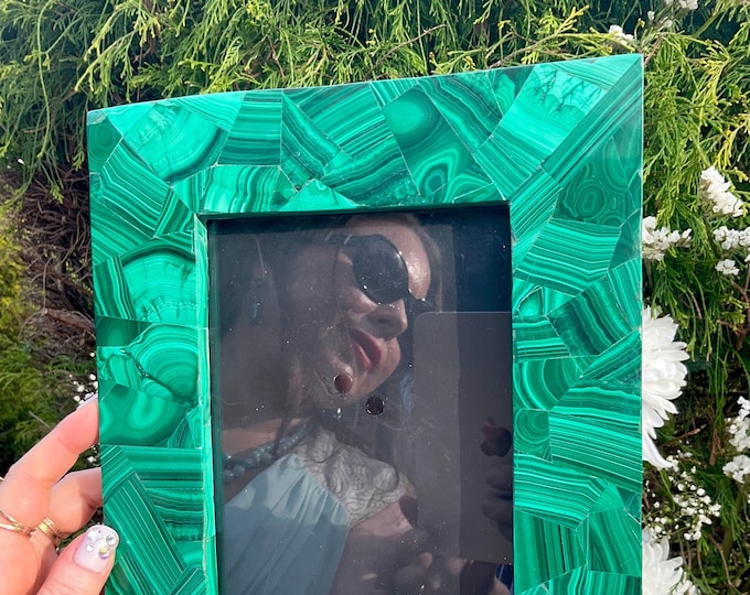 Malachite Vintage Picture Frame ~ 8" x 10" ~ Hand Made & Carved from Congo Africa ~ 5" x 7" Display Window ~ Swirling Green Bullseye Colors