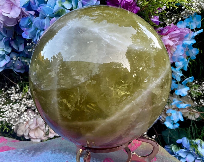 Citrine Crystal Ball ~ Large 11 lb.~ 6" Wide ~ with Decorative Brass Stand ~ Golden Quartz Inclusions ~ Reiki Display ~ Free & Fast Shipping