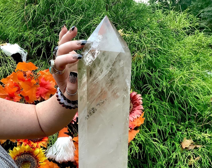 Clear Quartz Crystal Generator ~ Large 16 Lb. 13 oz. ~ 22" Tall Sparkling Tower ~ Custom Made Stand ~ Monumental Display
