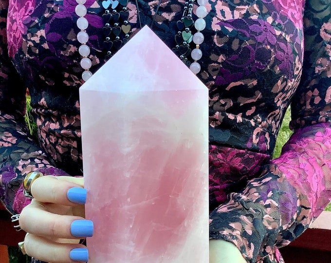 Rose Quartz Crystal Generator ~ Large 7 Lb. 14 oz. ~ 9" Tall Tower ~ Clear & Pink Sparkling Colors ~ Free Shipping