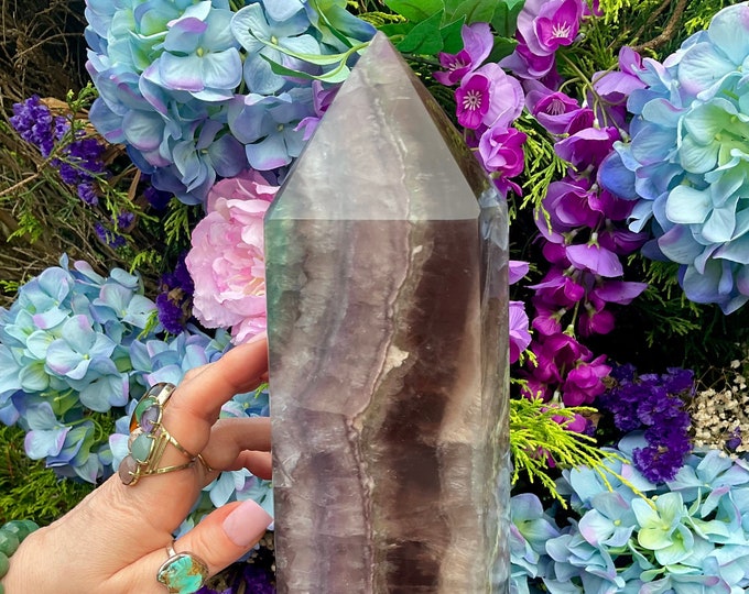 Large Rainbow Fluorite Crystal Generator: 12" Reiki Altar Tower