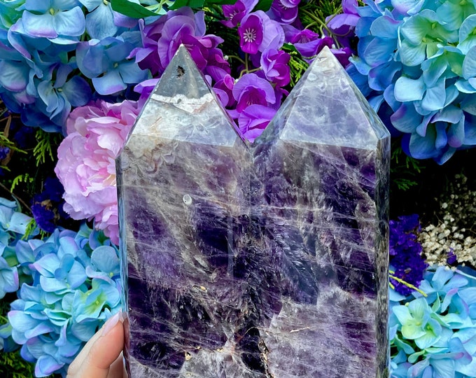Large Amethyst Crystal Twin Flame Generator: 10" Double Point Tower