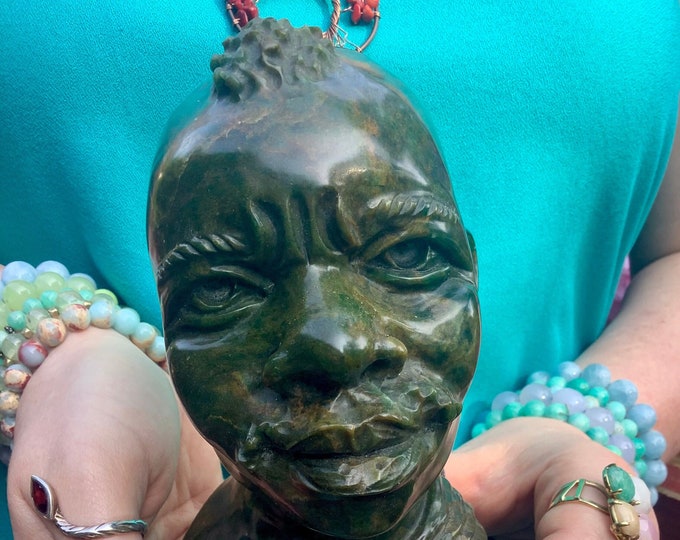 Vintage Verdite Warrior Bust: Hand Carved Shona Stone Crystal Display