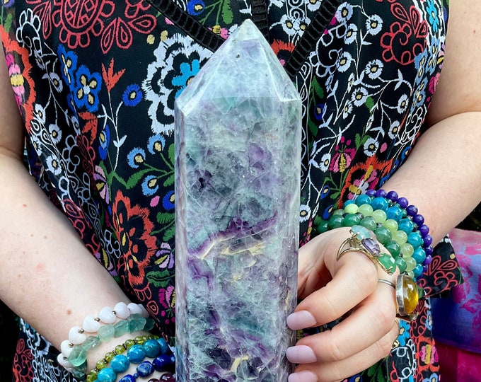 Rainbow Fluorite Crystal Generator ~ Large 4 lb. ~ 11 1/2" Tall ~ Swirling Colors, Purple, Green, White ~ Fast & Free Shipping, U.S.A. ~