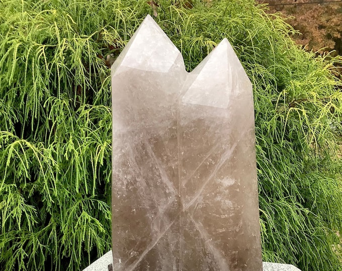 Smokey Quartz Twin Flame 20 lb. Double Large Generator with a Custom Display Stand ~ 13" Tall Crystal Tower ~ Sparkling Rainbow Inclusions